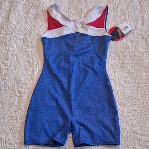 Freestyle girls L blue & white with red accents leotard gymnastic dance NEW